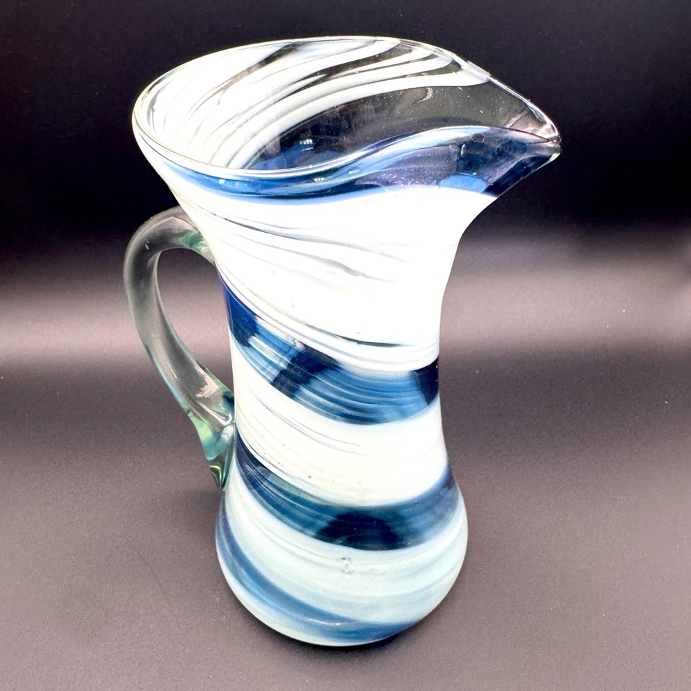 Miniature Hand Blown Glass Pitcher Cobalt White Swirl 6"
